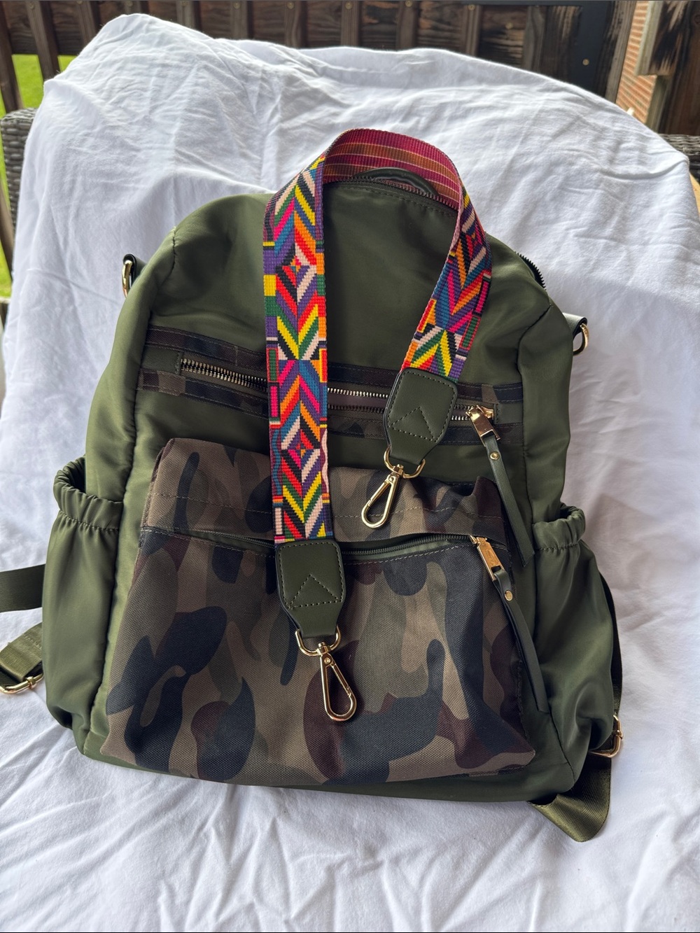 Olive Green Camo Backpack with Colorful Strap